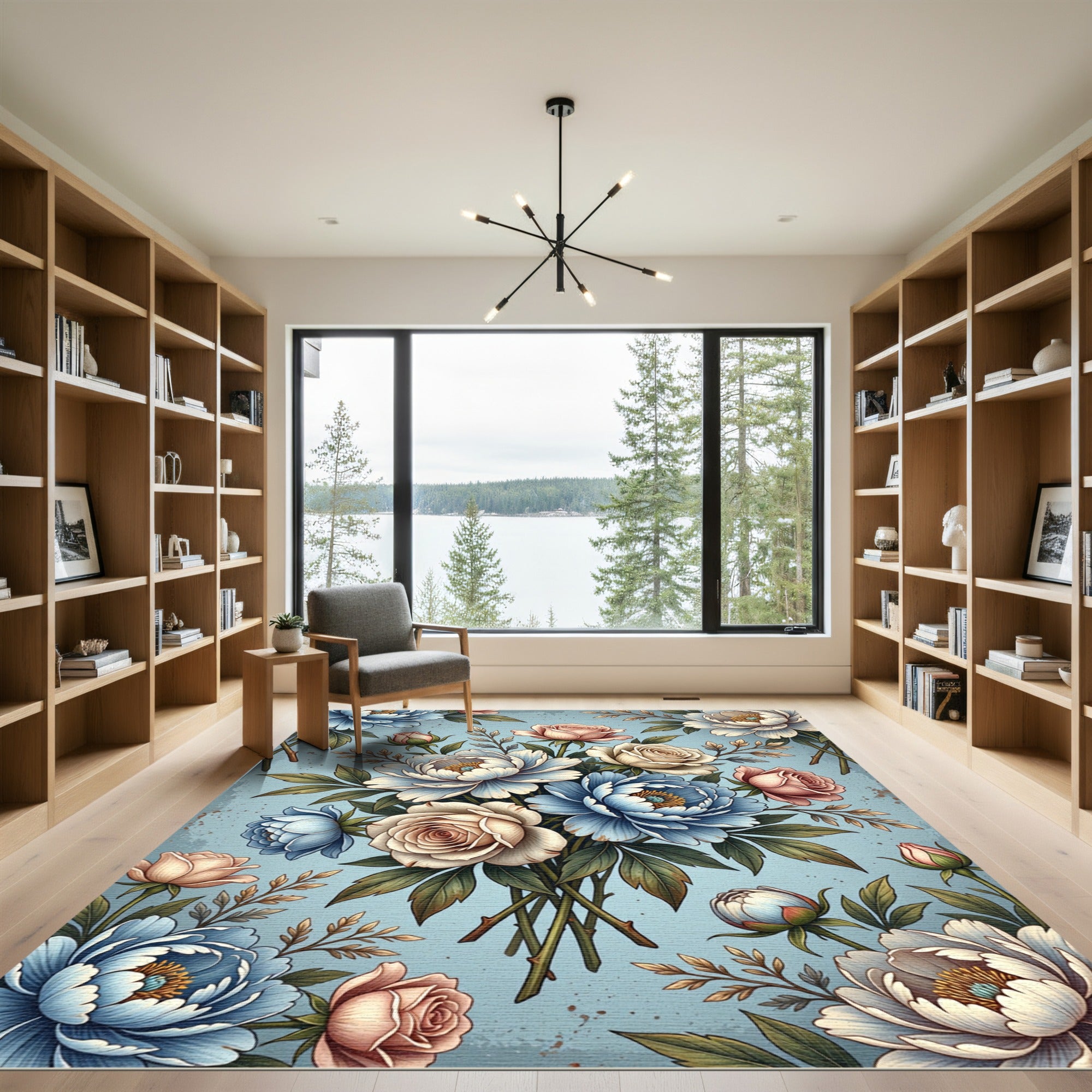Pastel Blue Floral Bouquet Arrangement Rug