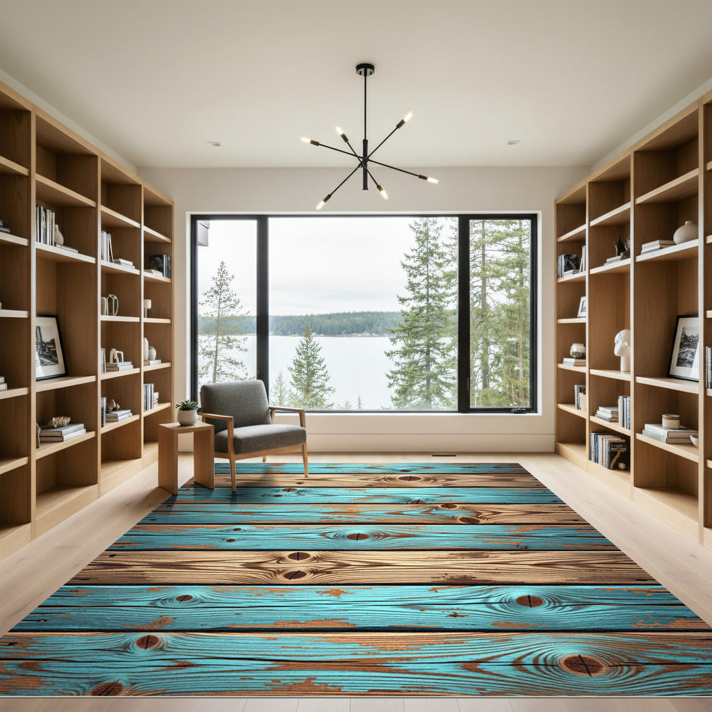 Distressed Aqua Wood Grain Texture Rug