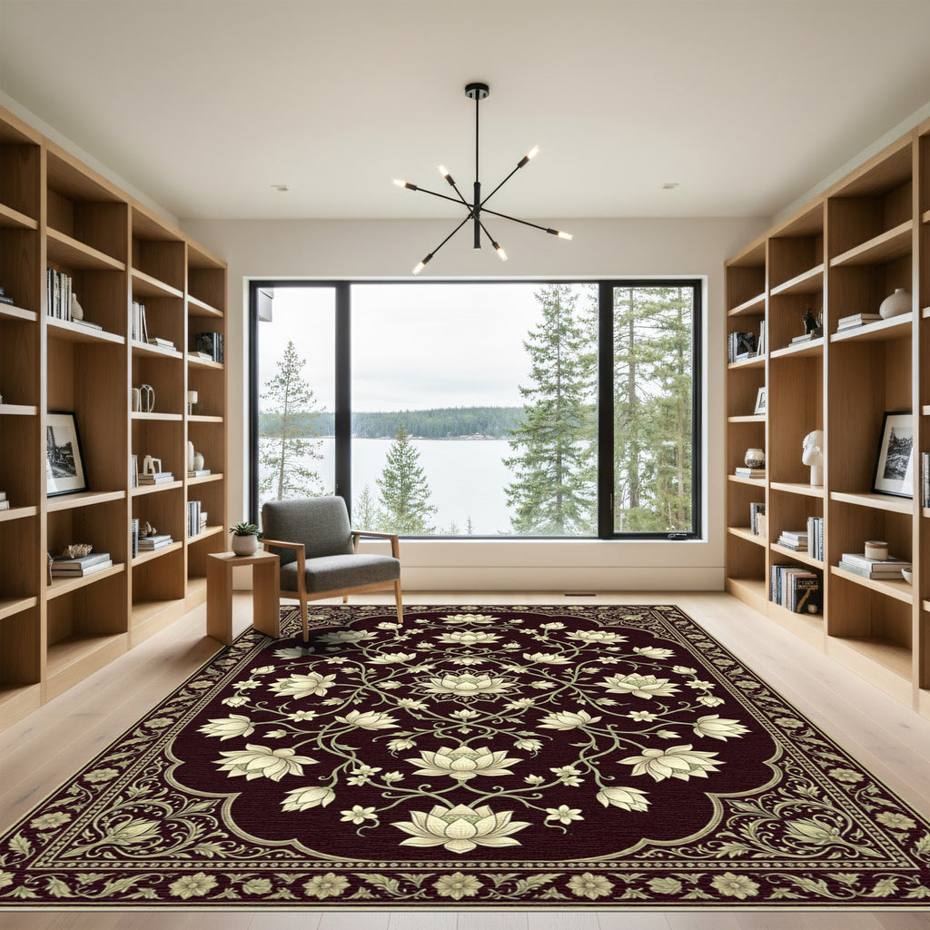 Crimson Floral Lotus Mandala Rug