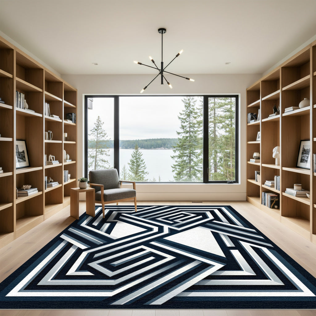 Modern Navy and White Geometric Layers Rug