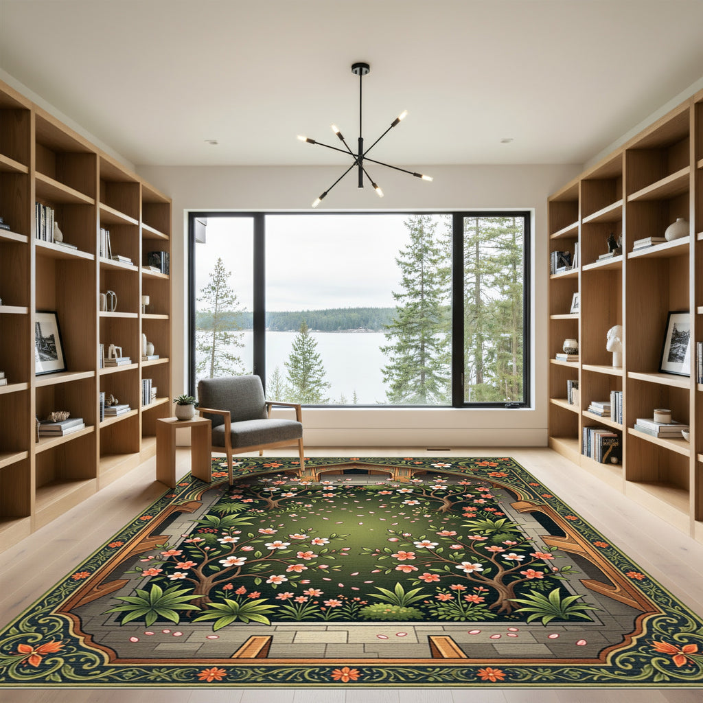 Ornate Garden Arch Blossom Trees Rug