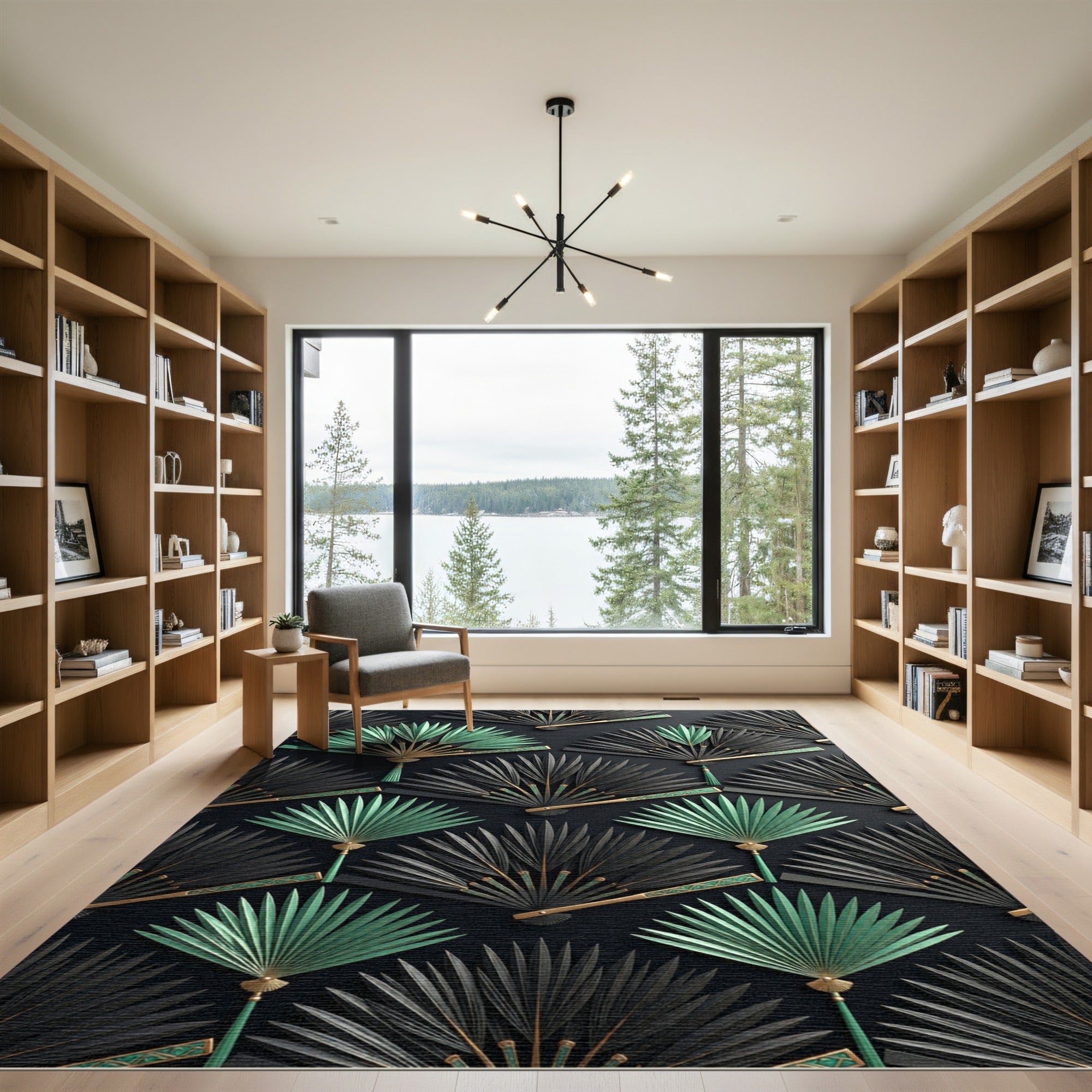 Elegant Black and Mint Fan Art Rug