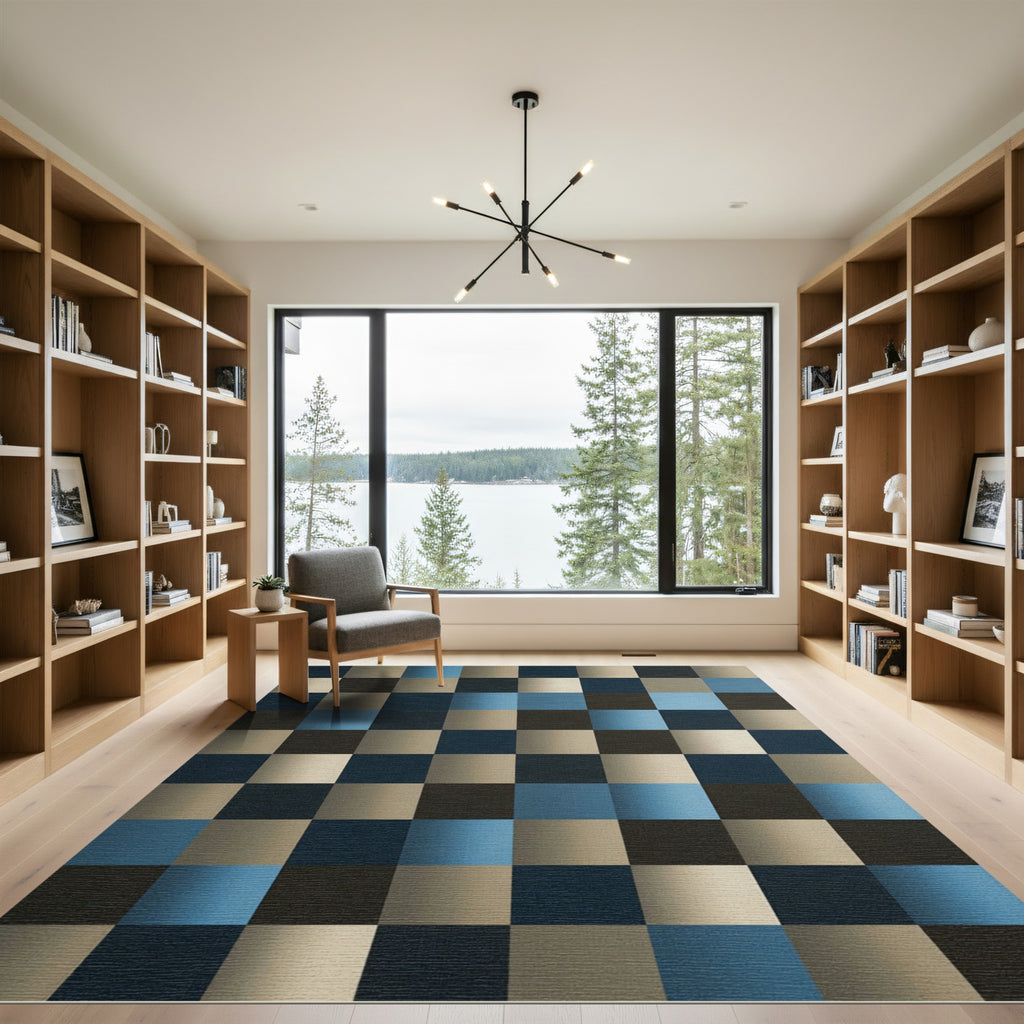 Geometric Block Grid Blue Neutral Rug