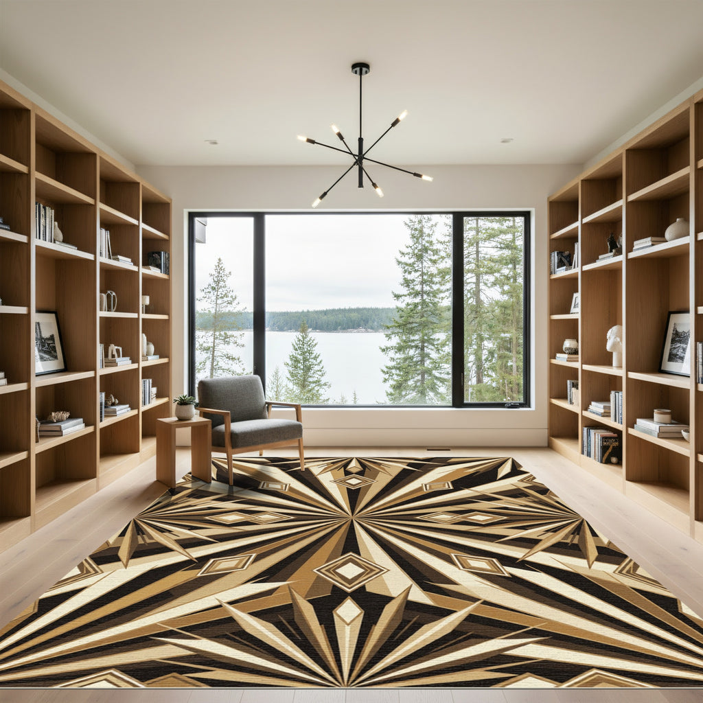 Geometric Gold Ray Sunburst Decorative Rug