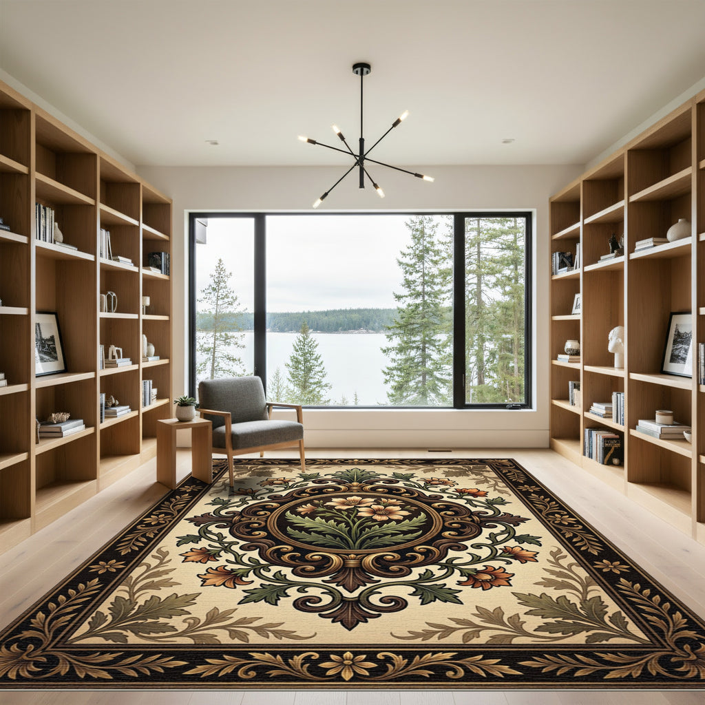 Elegant Gold Floral Medallion Scroll Rug