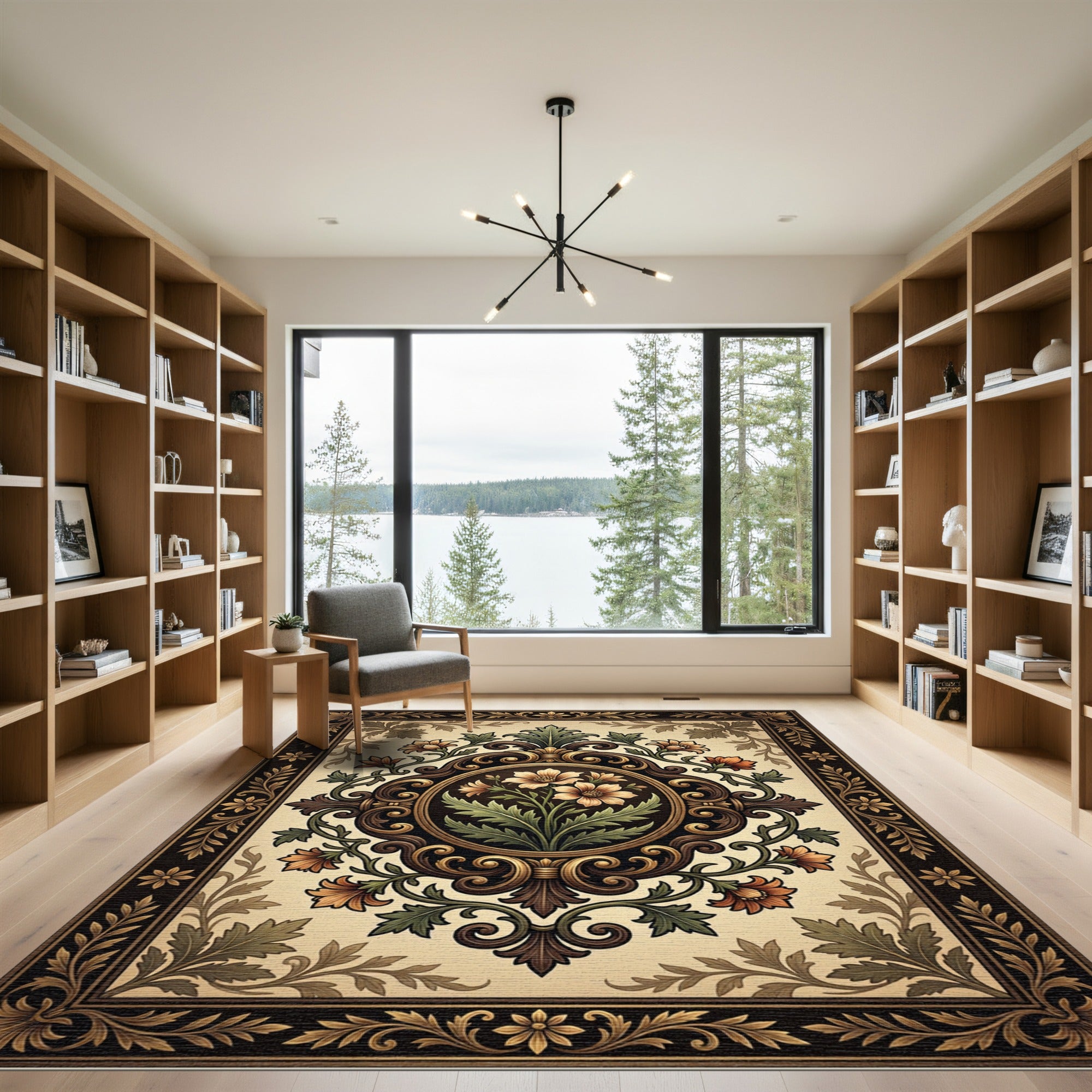 Elegant Gold Floral Medallion Scroll Rug