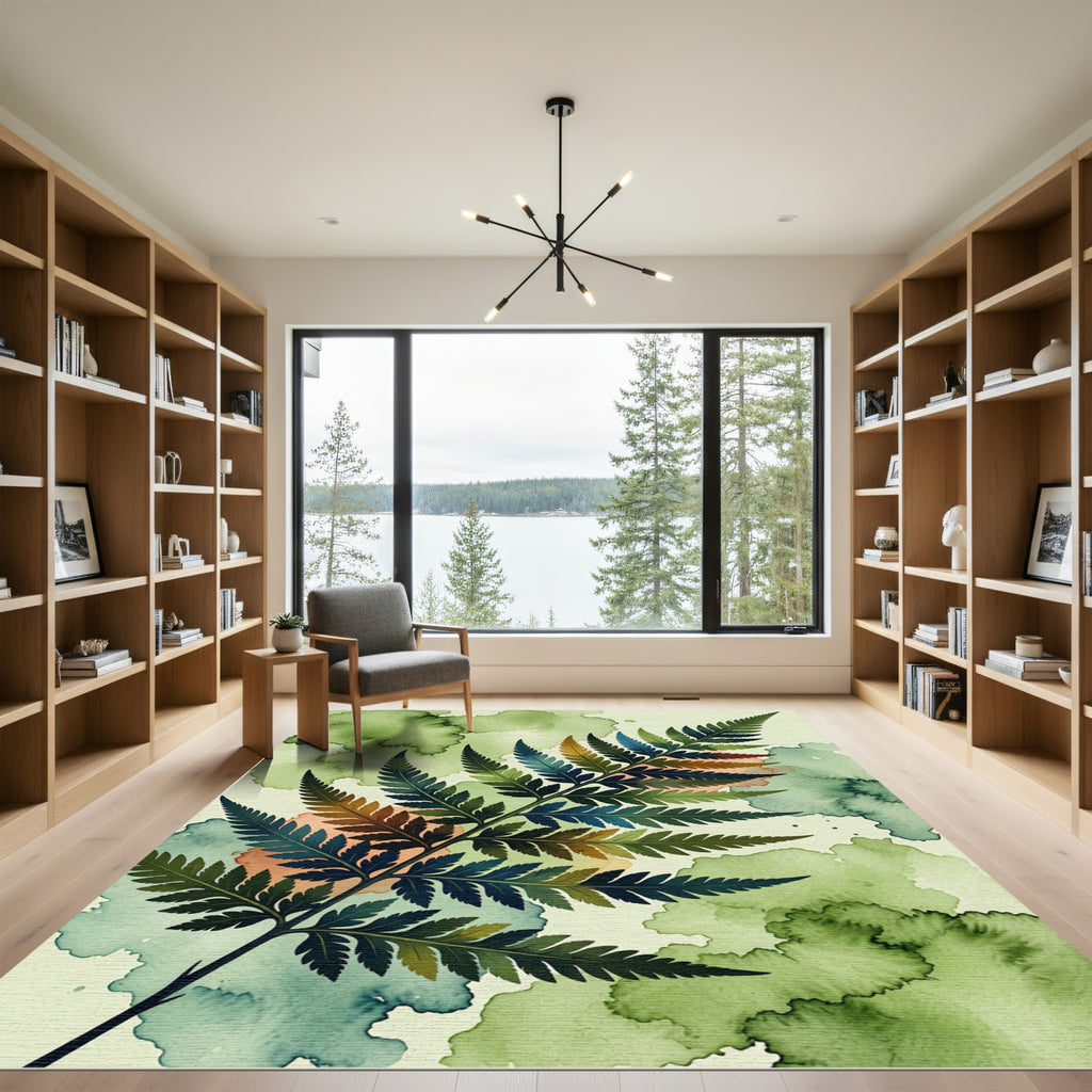 Earthy Green Watercolor Fern Frond Rug