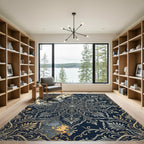 Elegant Navy Gold Ornate Floral Medallion Rug