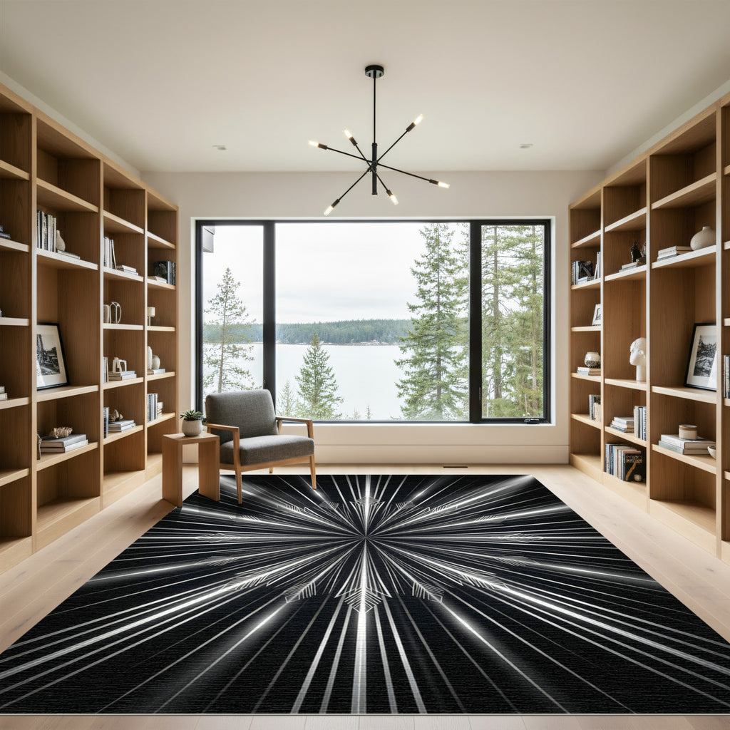 White Art Deco Sunburst Rays Rug