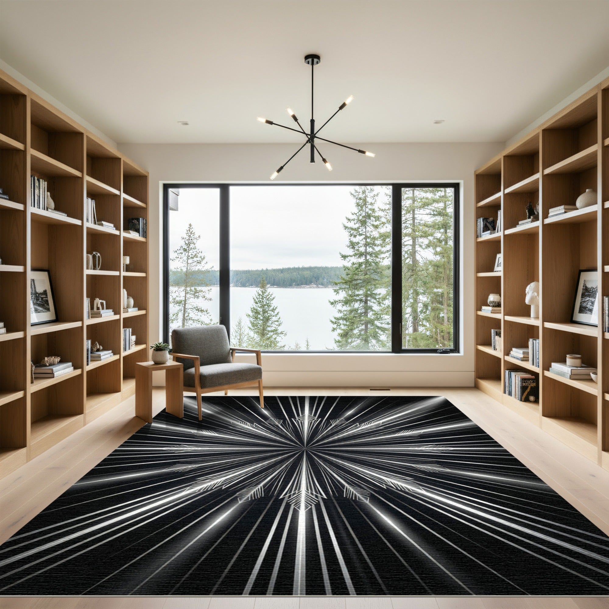 White Art Deco Sunburst Rays Rug
