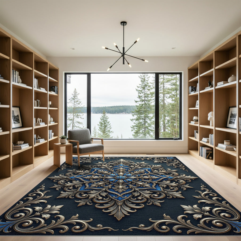 Opulent Gold and Navy Floral Medallion Rug