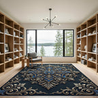 Opulent Gold and Navy Floral Medallion Rug