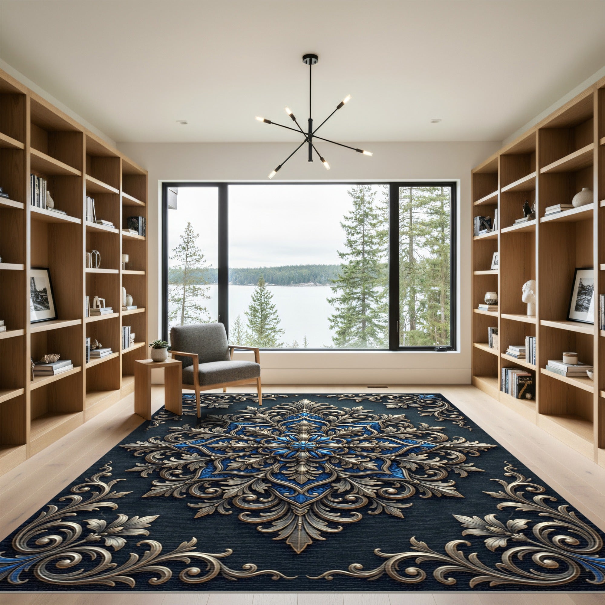 Opulent Gold and Navy Floral Medallion Rug