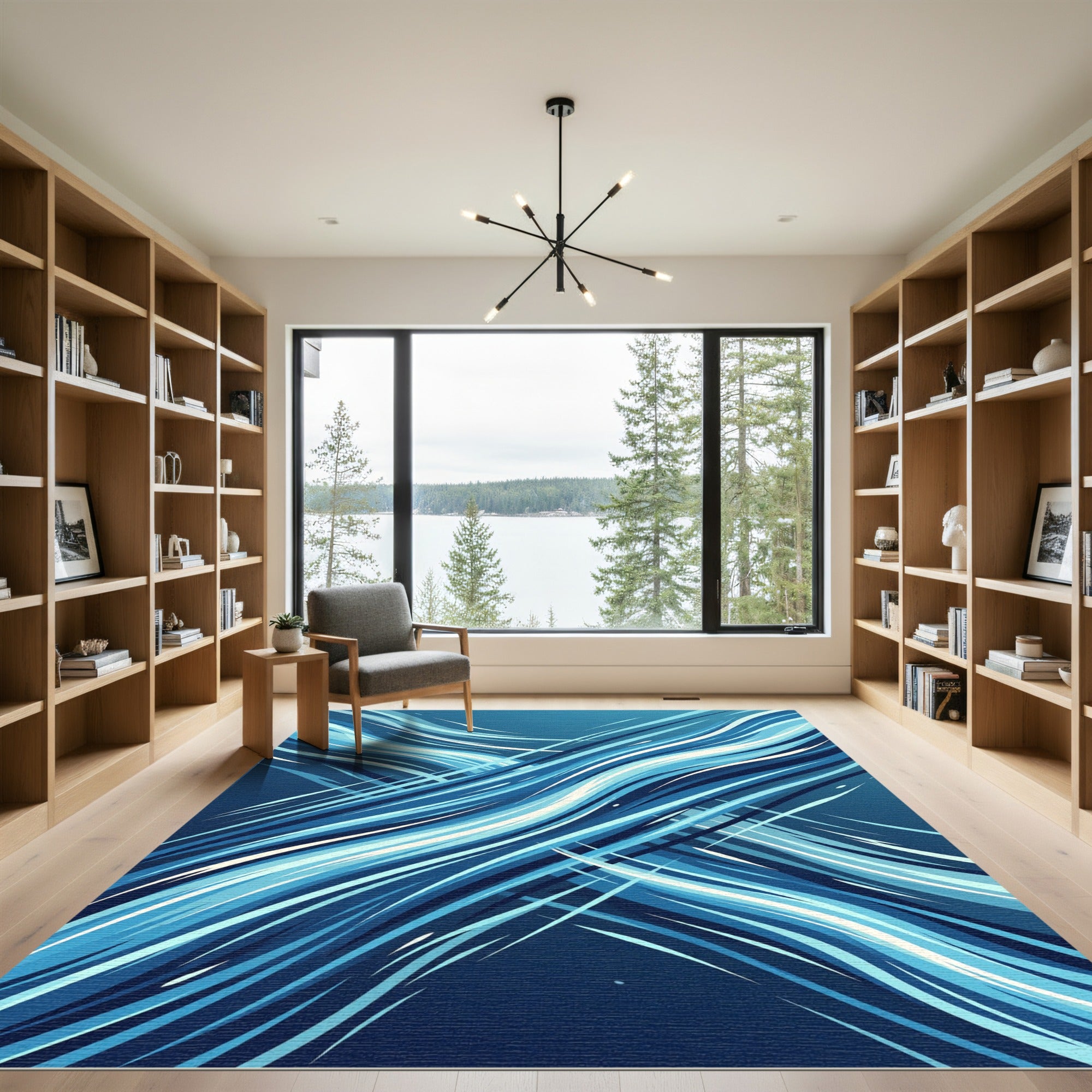Deep Blue Abstract Flowing Lines Rug
