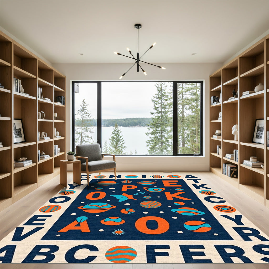 Retro Space Alphabet Orange Teal Rug