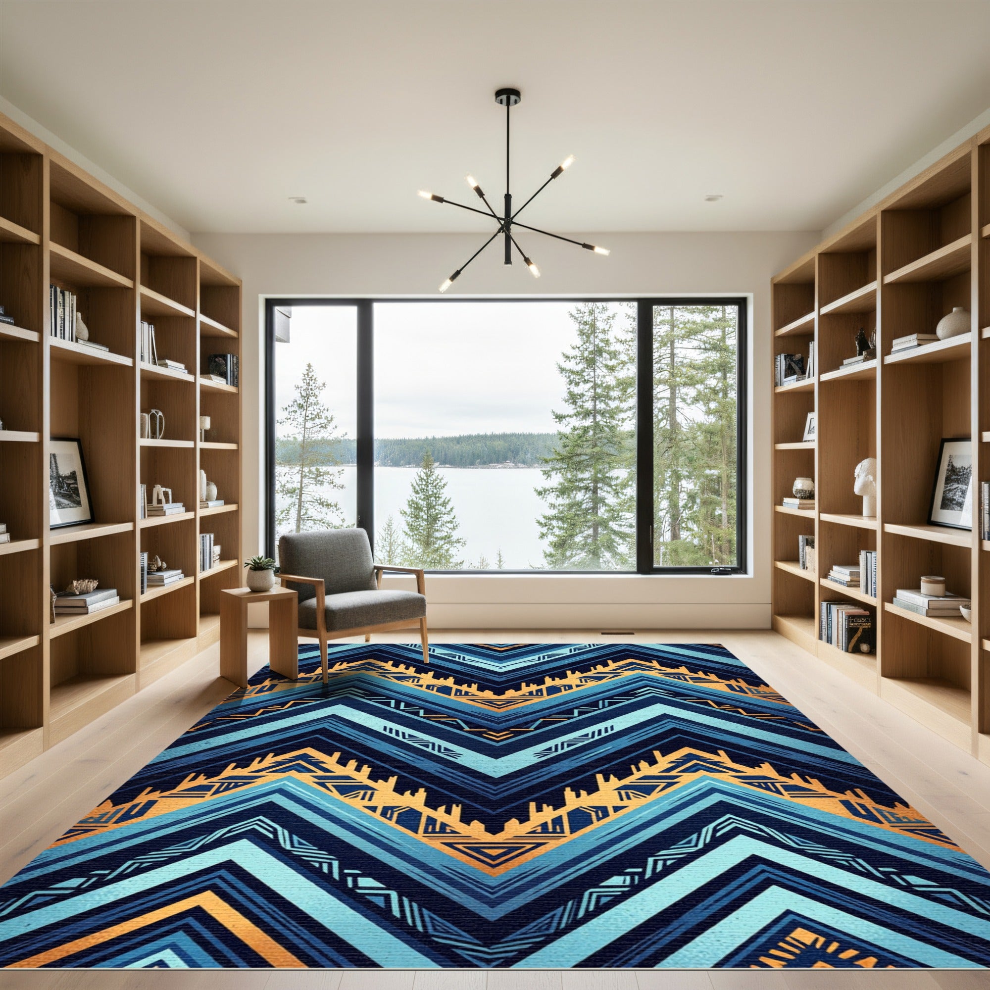 Geometric Deep Blue Golden Zigzag Rug