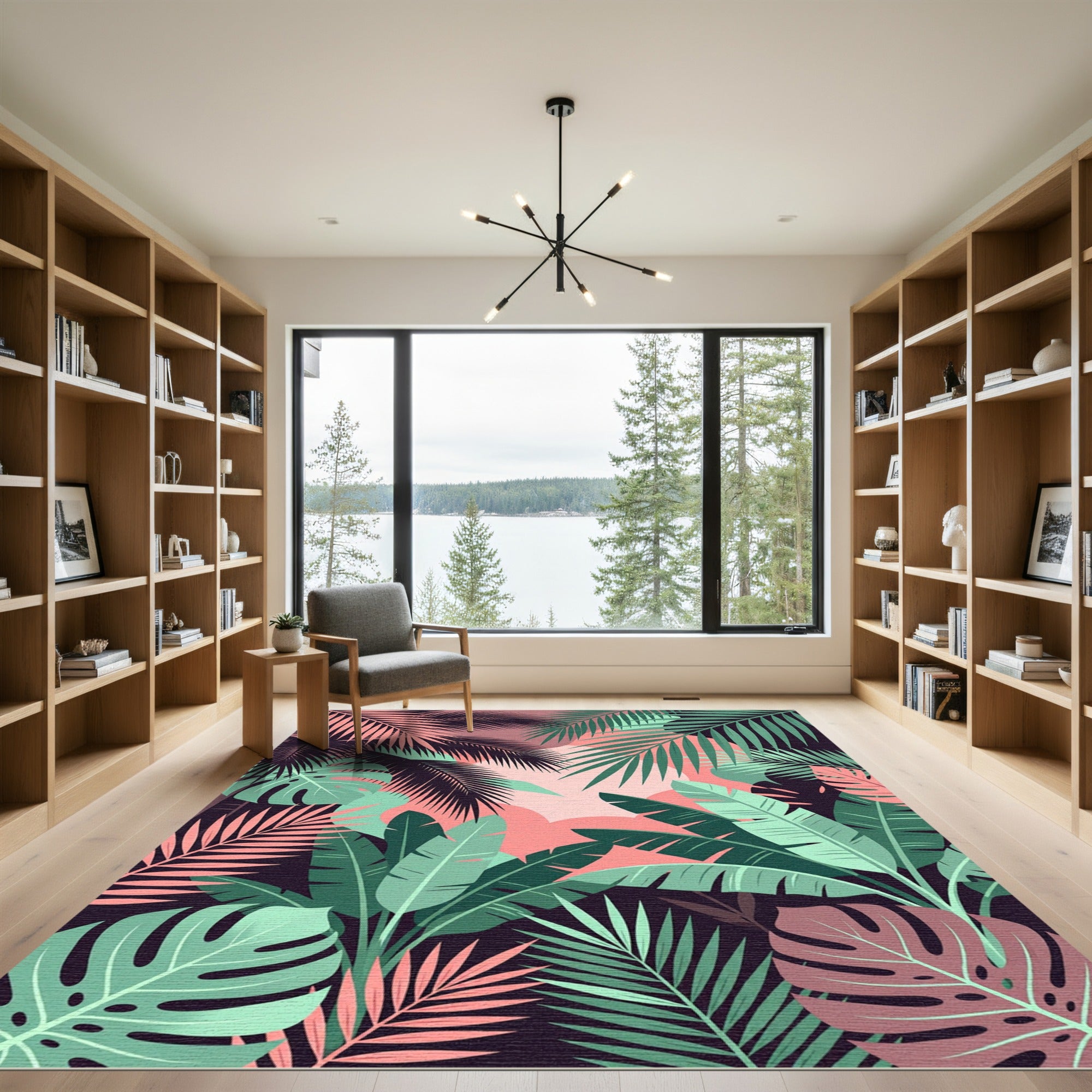 Lush Pink and Green Tropical Foliage Rug