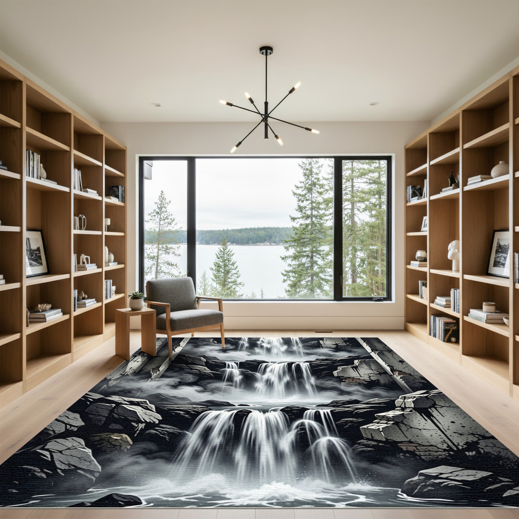Dramatic Gray Waterfalls Amidst Ruins Rug