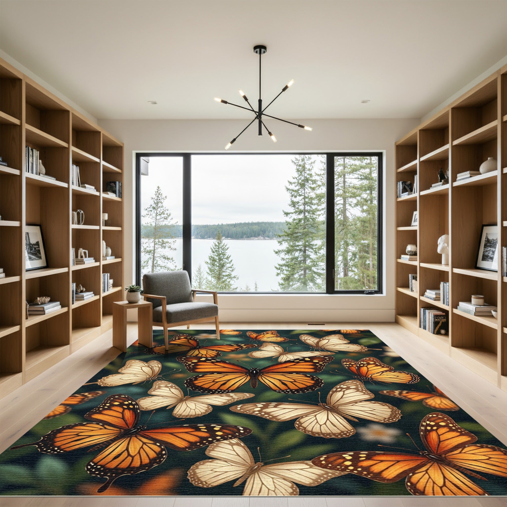 Whimsical Orange Butterfly Garden Meadow Rug