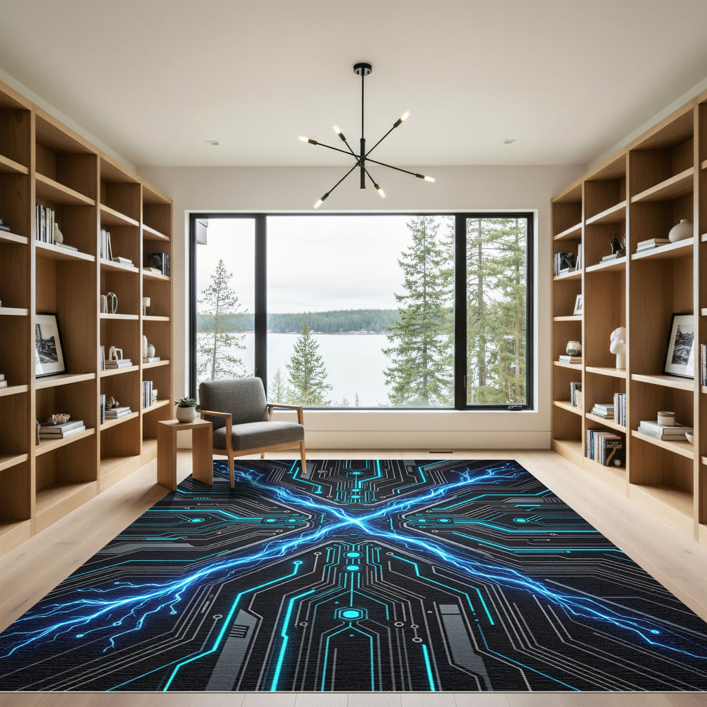 Electric Blue Cybernetic Circuit Grid Rug
