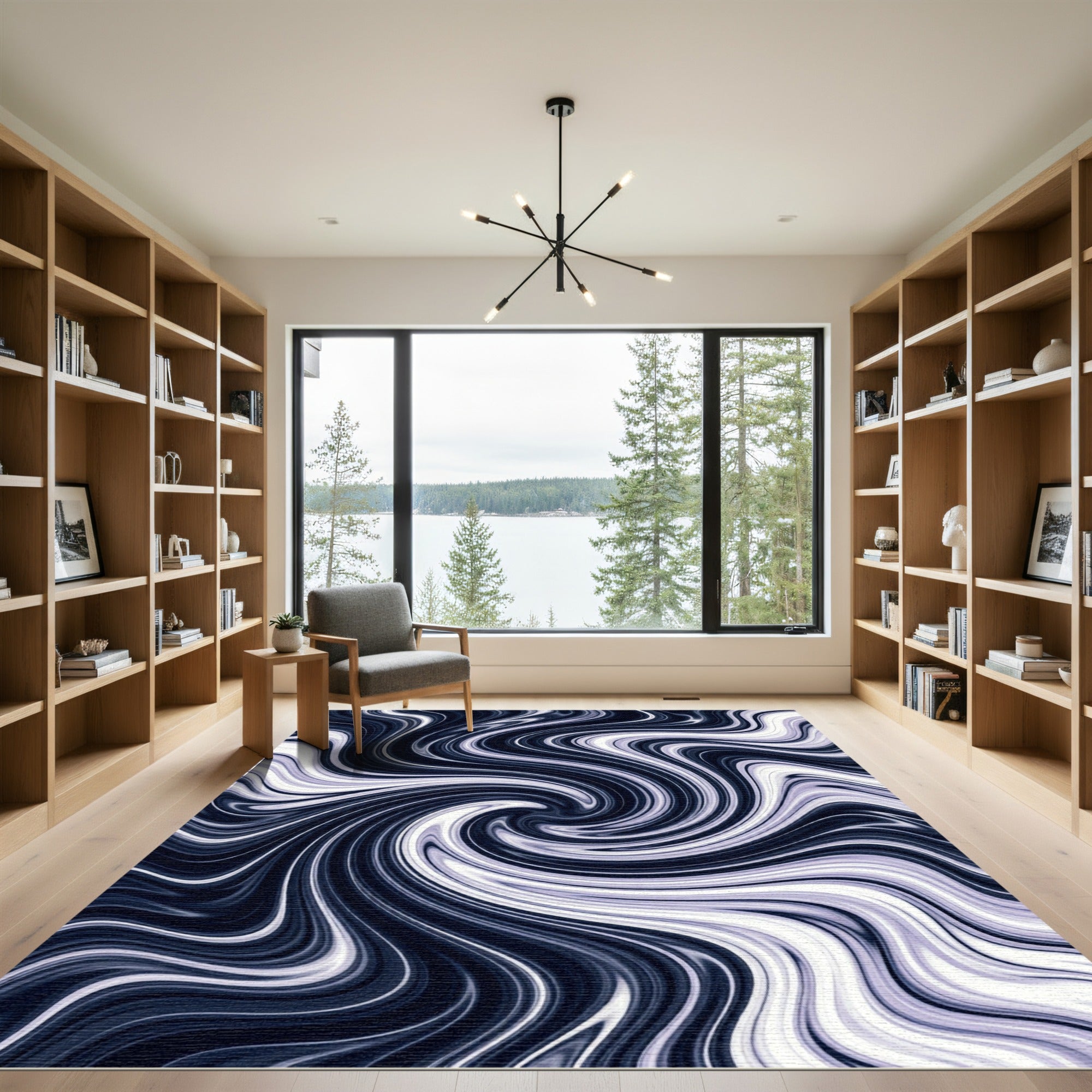 Minimalist Monochrome Swirl Abstract Wave Rug