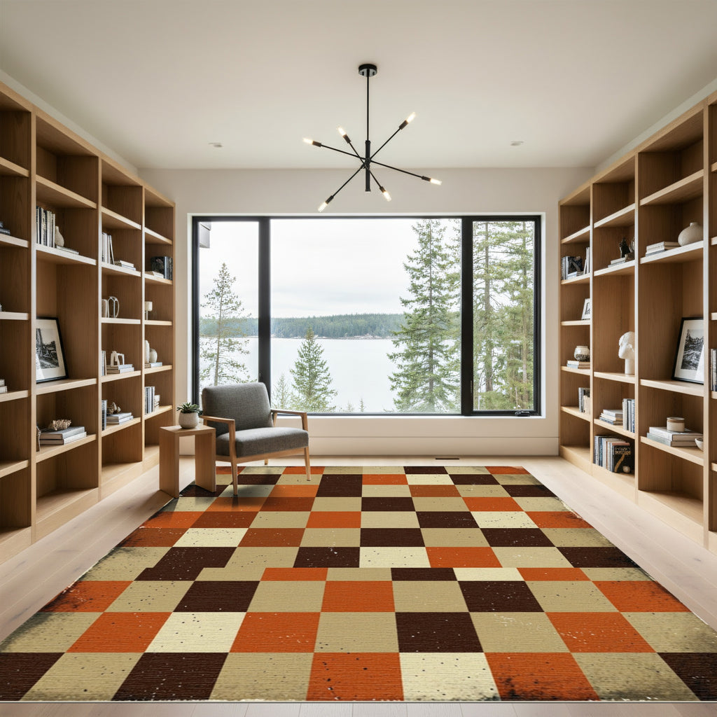 Mid Century Earth Tone Checkered Grid Rug