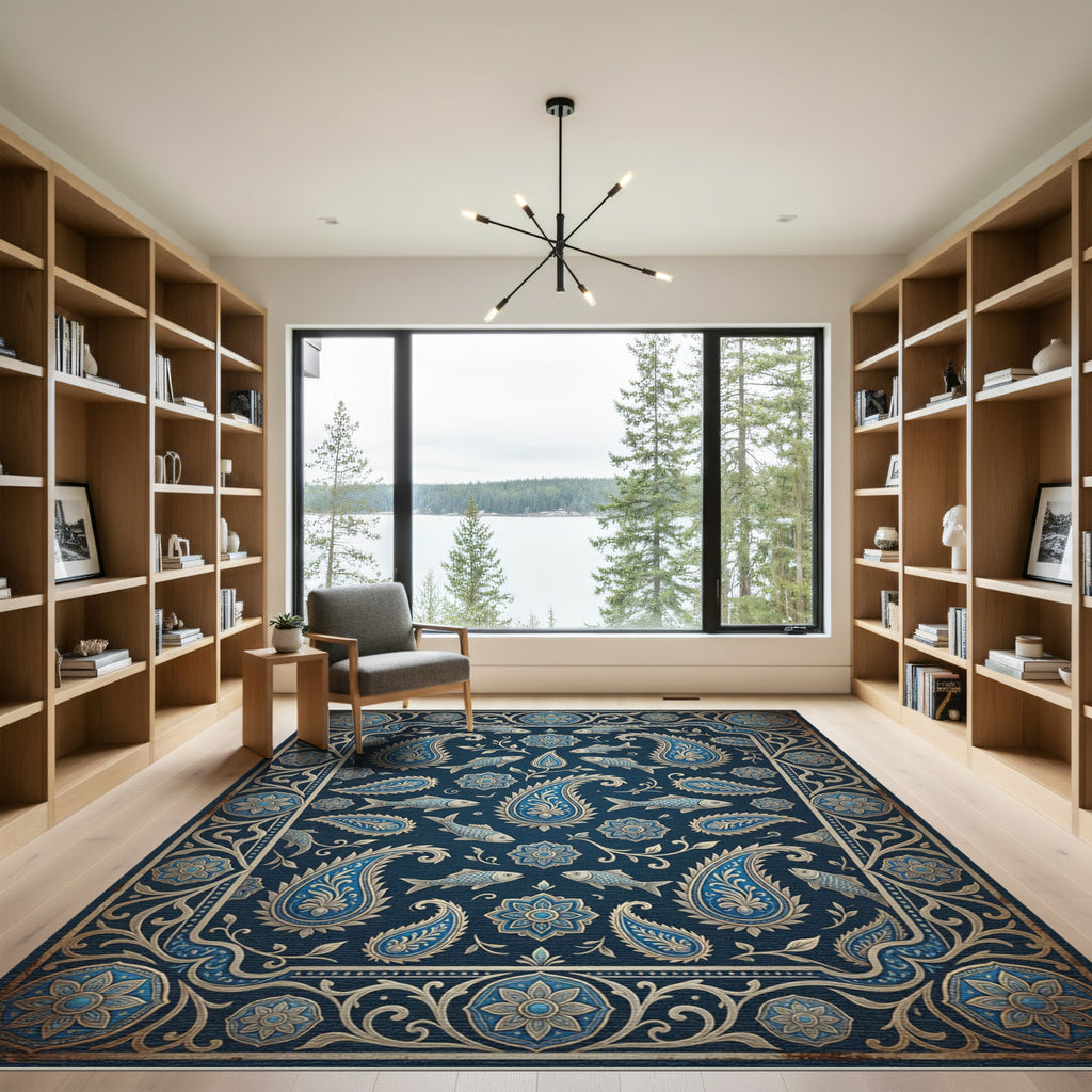 Navy Blue Paisley Fish Medallion Rug