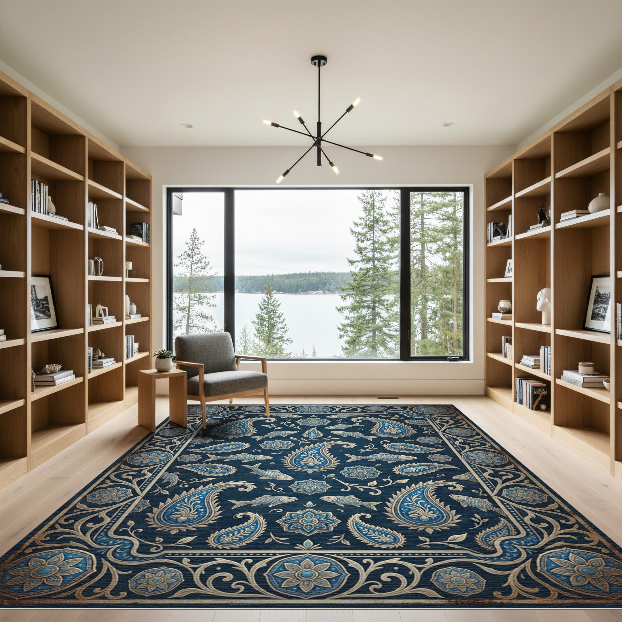 Navy Blue Paisley Fish Medallion Rug