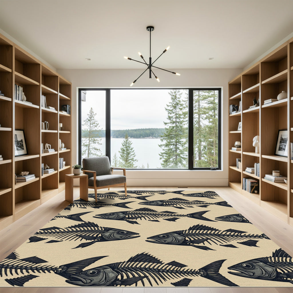 Dark Nautical Skeleton Fish Illustration Rug