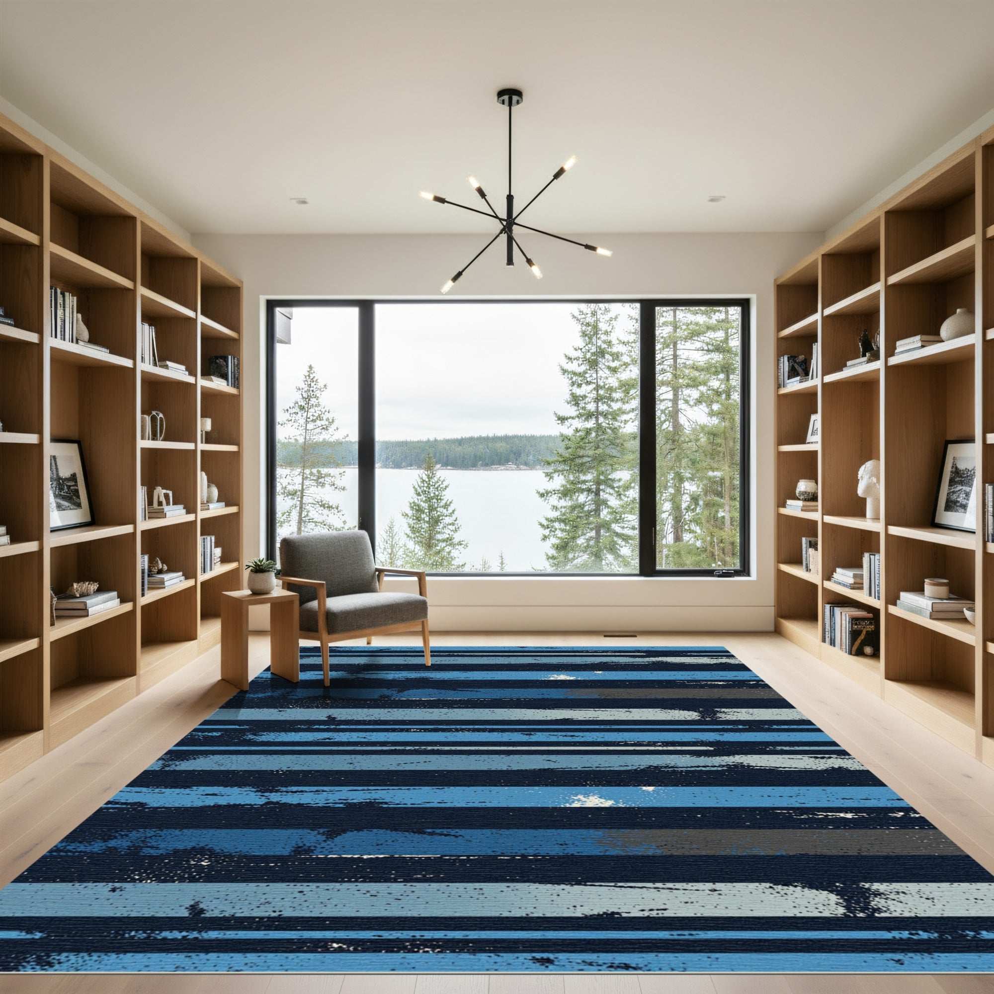 Textured Navy and Blue Linear Stripe Rug