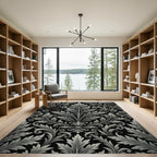 Ornate Silver Acanthus Damask Monochrome Rug