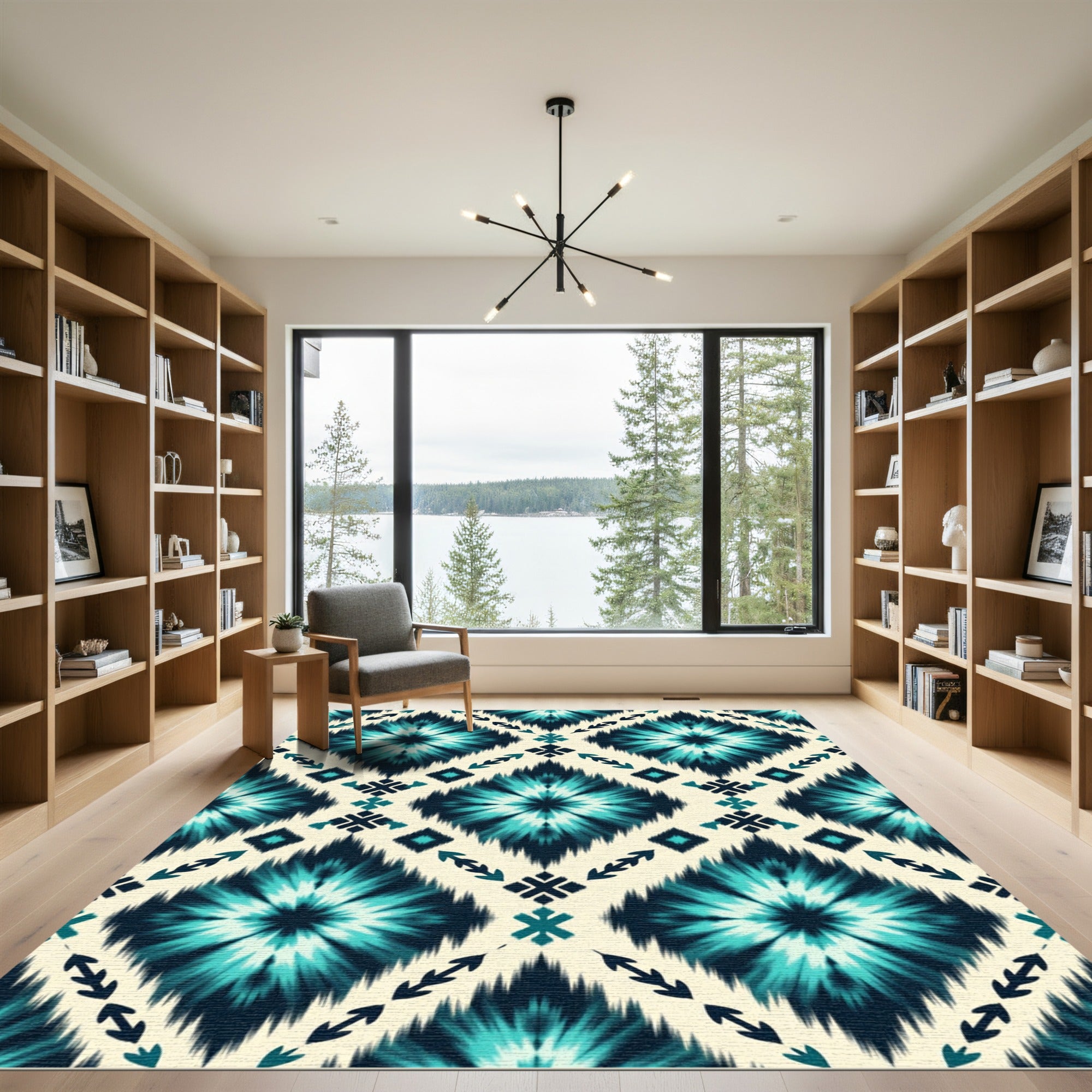 Teal and Navy Geometric Ikat Rug
