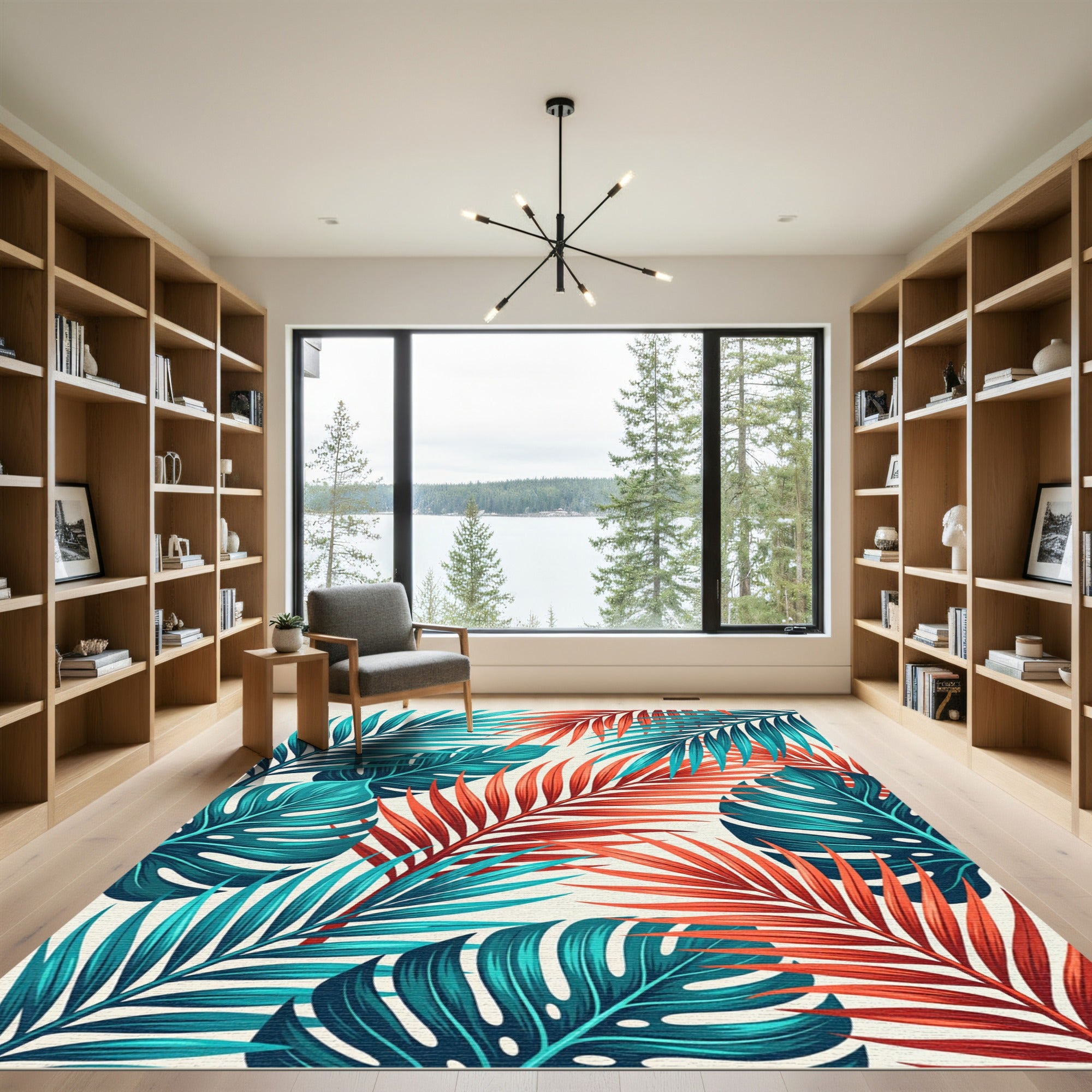 Tropical Coral Teal Palm Leaves Rug