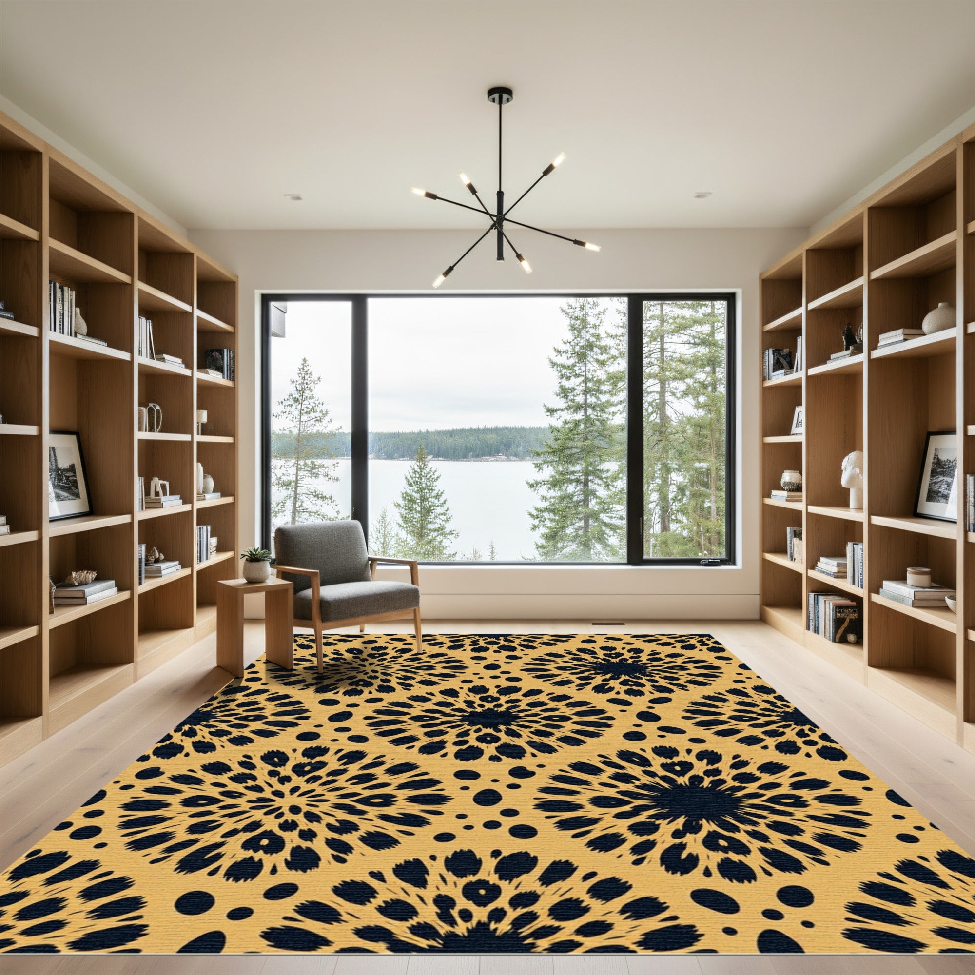 Earthy Gold Abstract Sunburst Medallion Rug