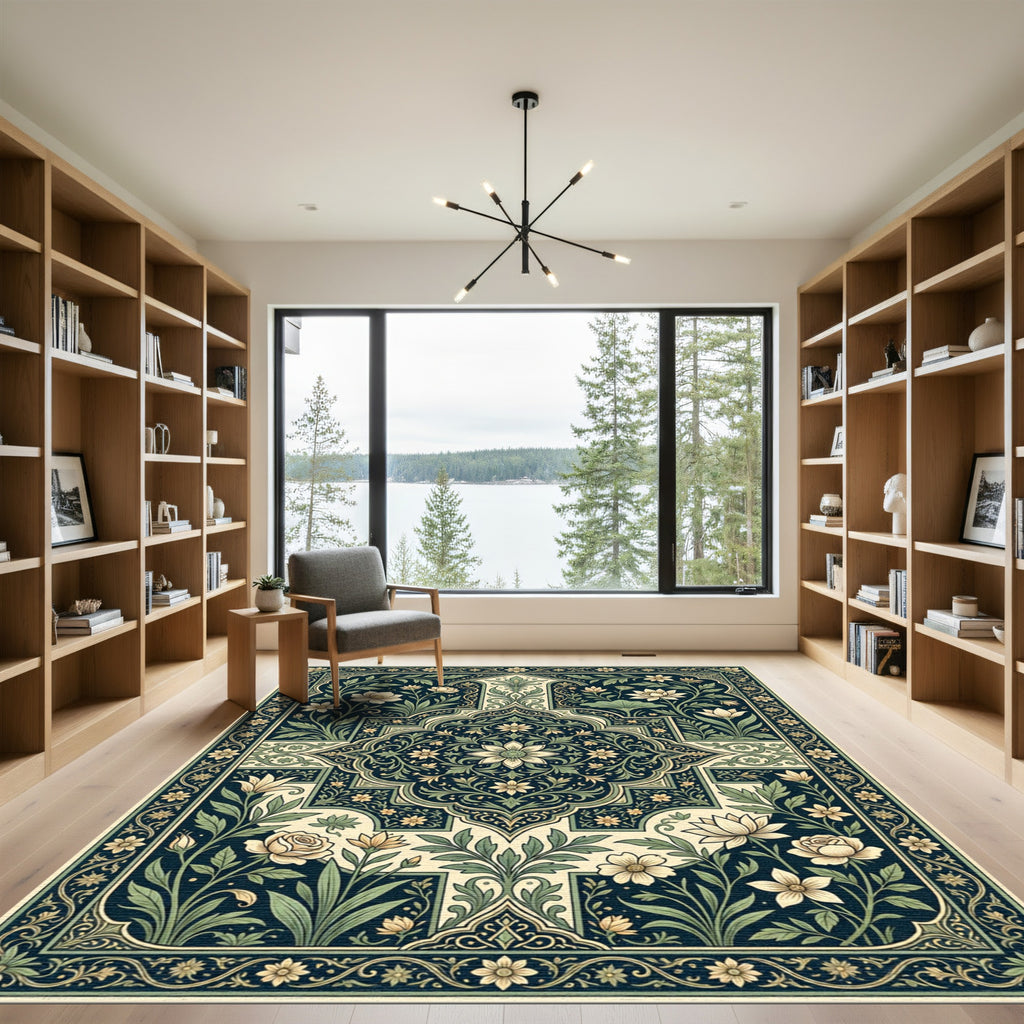 Elegant Deep Green Floral Medallion Rug