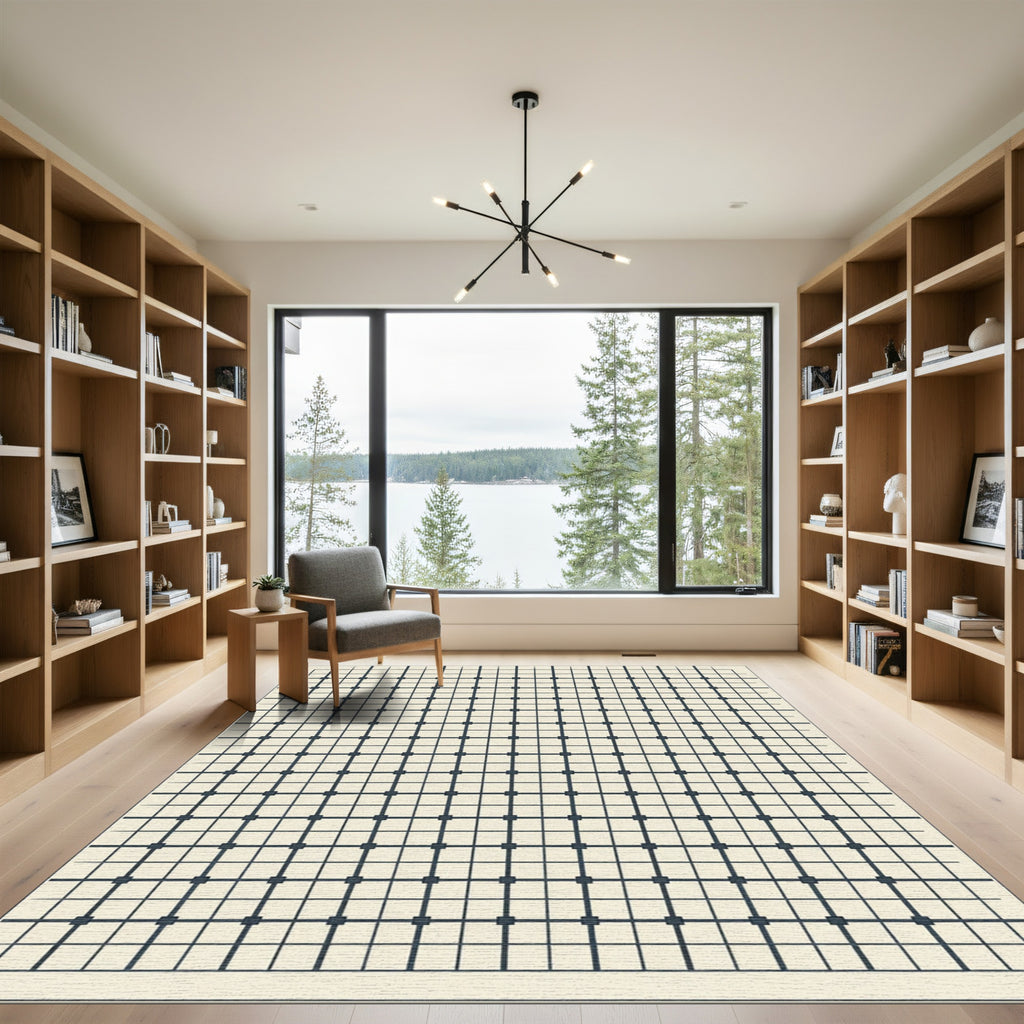 Gray Grid Geometric Square Composition Rug