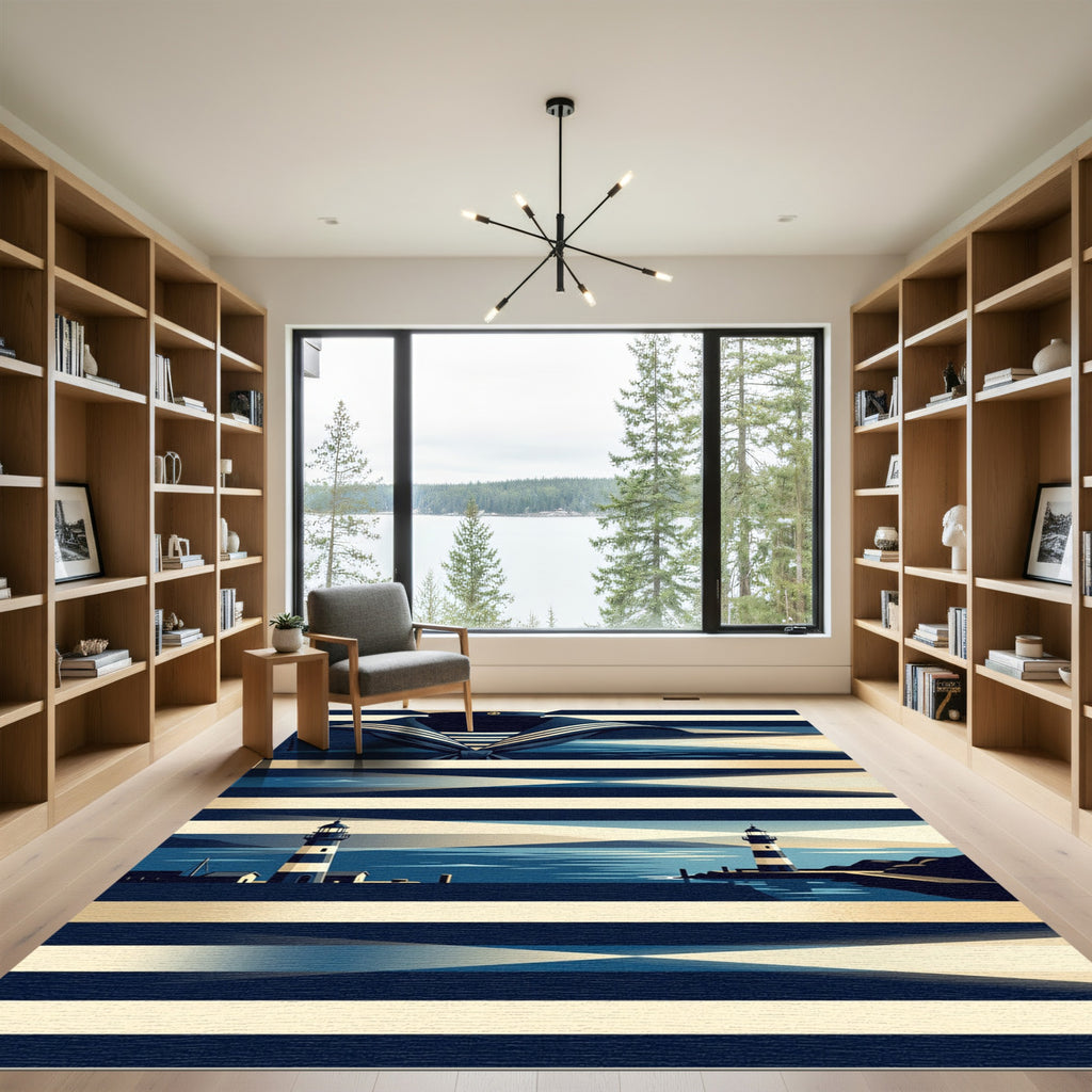Nautical Navy Striped Lighthouse Coastal Artwork Rug