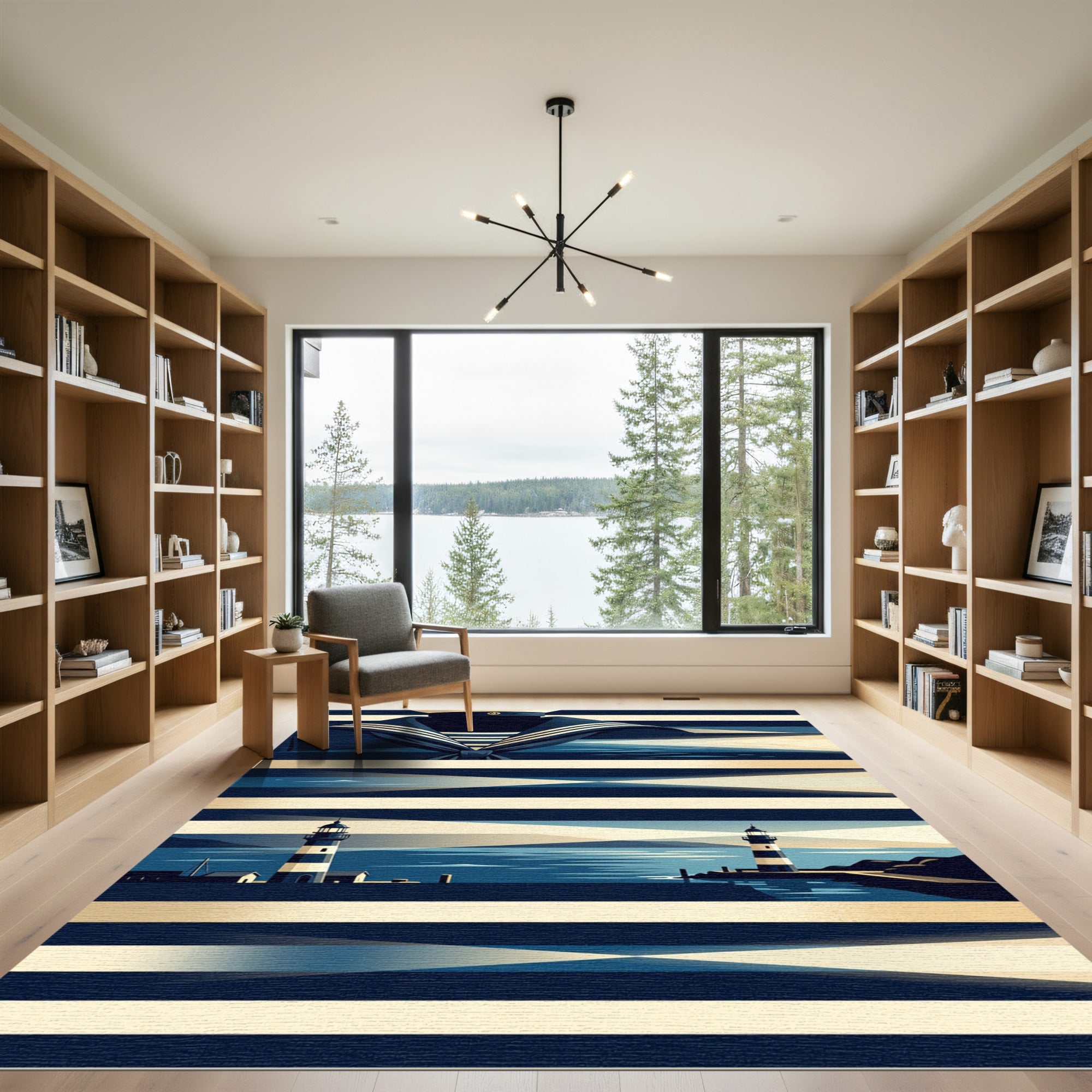 Nautical Navy Striped Lighthouse Coastal Artwork Rug
