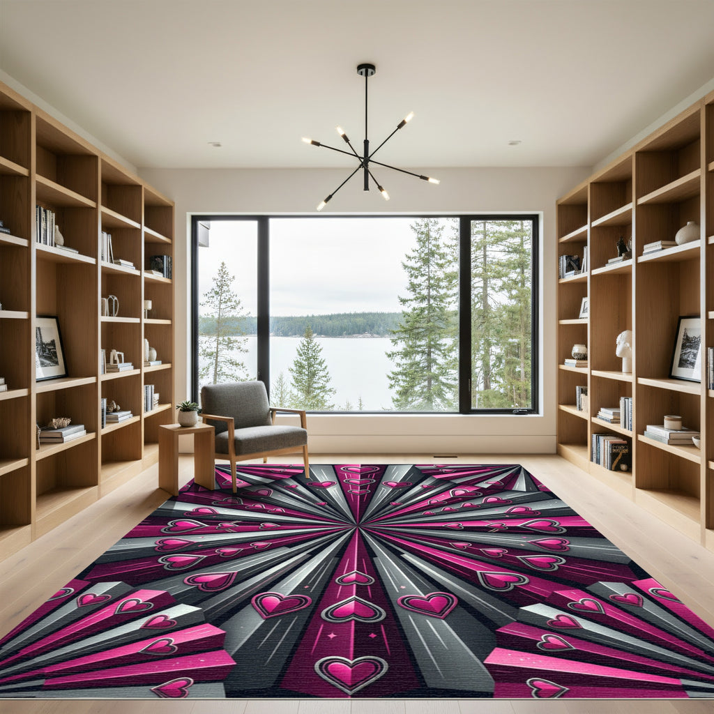 Pink And Gray Burst Heart Rug