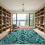 Teal Floral Scroll Botanical Vines Rug