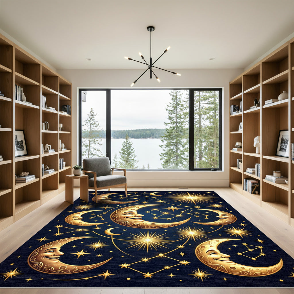 Celestial Golden Moon and Starry Sky Rug