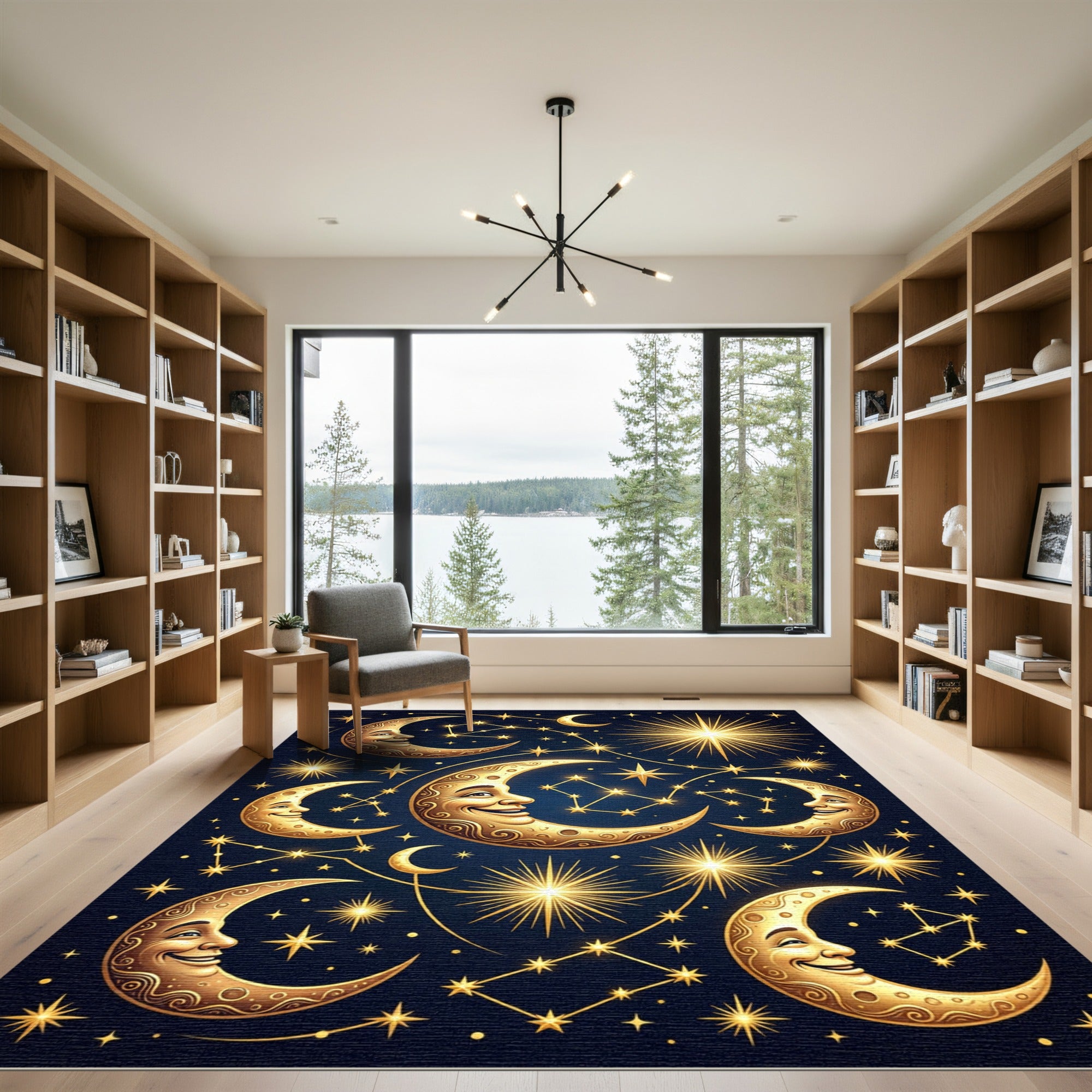 Celestial Golden Moon and Starry Sky Rug