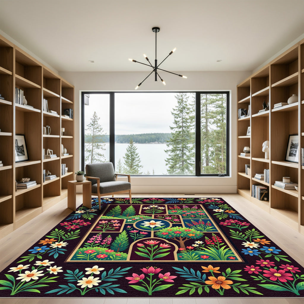 Botanical Floral Grid Dark Garden Tapestry Rug
