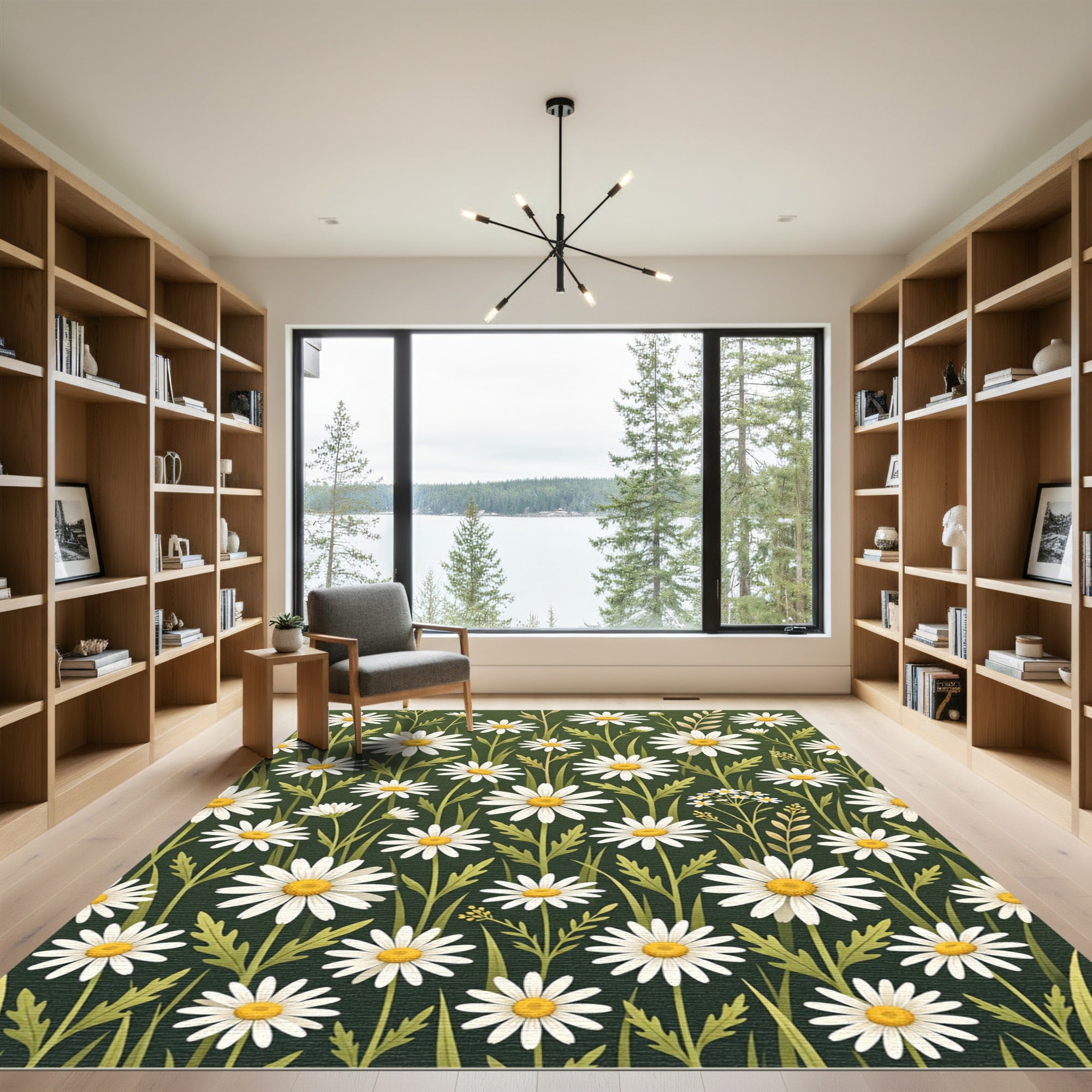 Whimsical White Daisy Garden Forest Green Rug