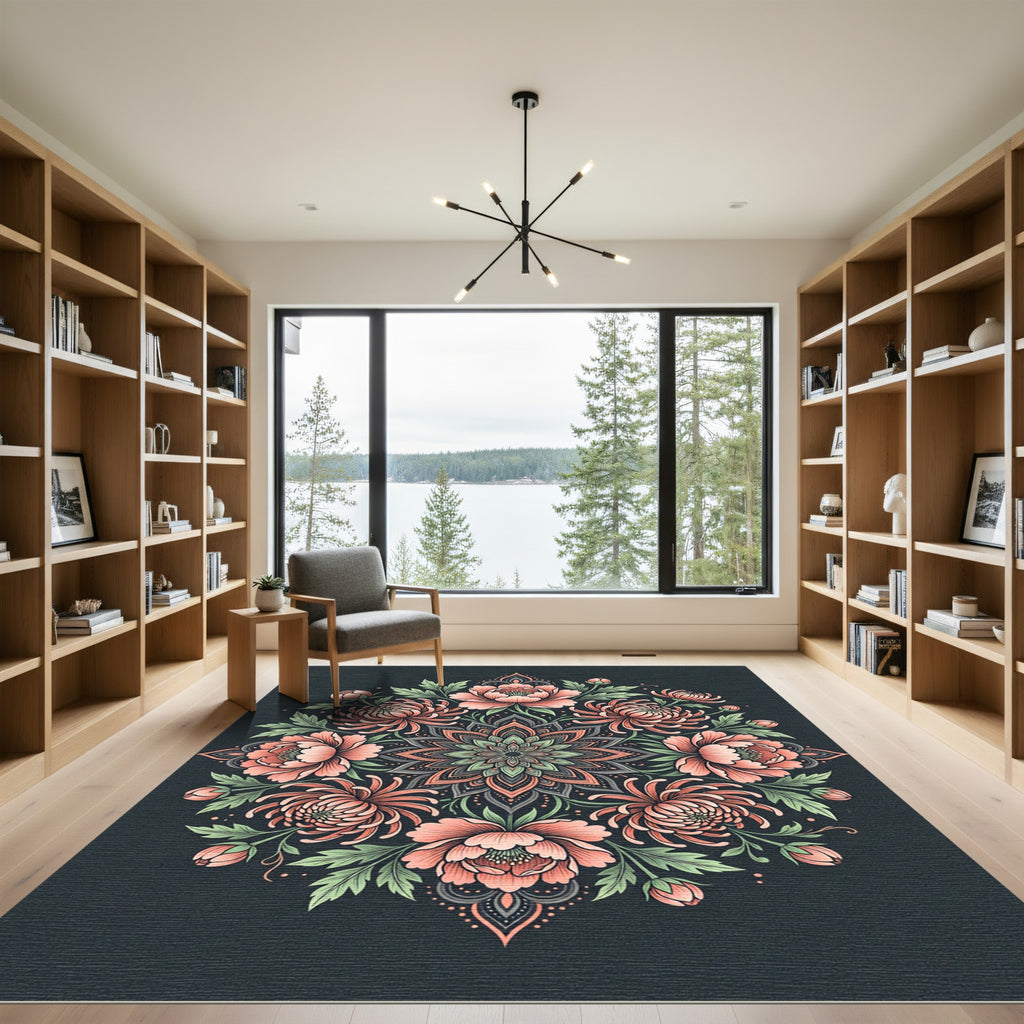 Coral Peony Chrysanthemum Dark Floral Medallion Rug