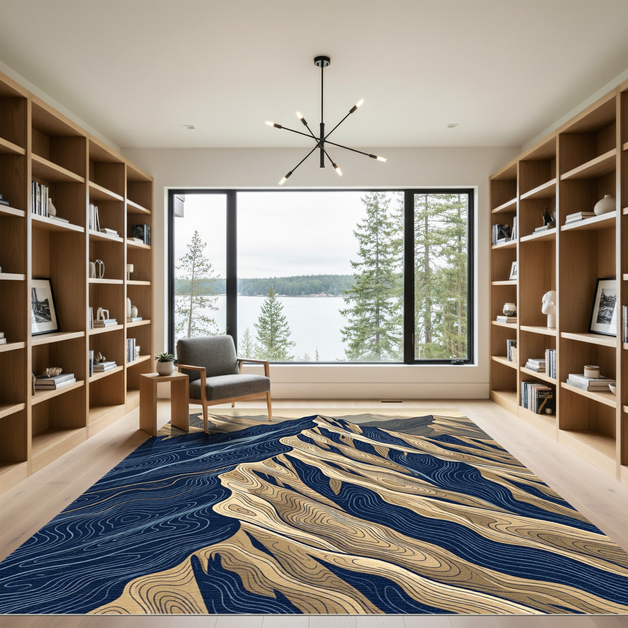 Midnight Golden Mountain Topographical Landscape Rug