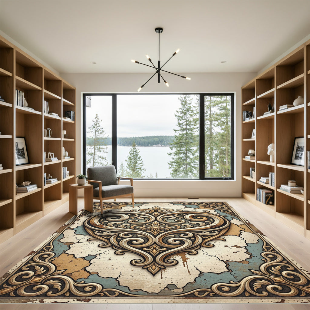 Elegant Ornate Cream Heart Scroll Rug