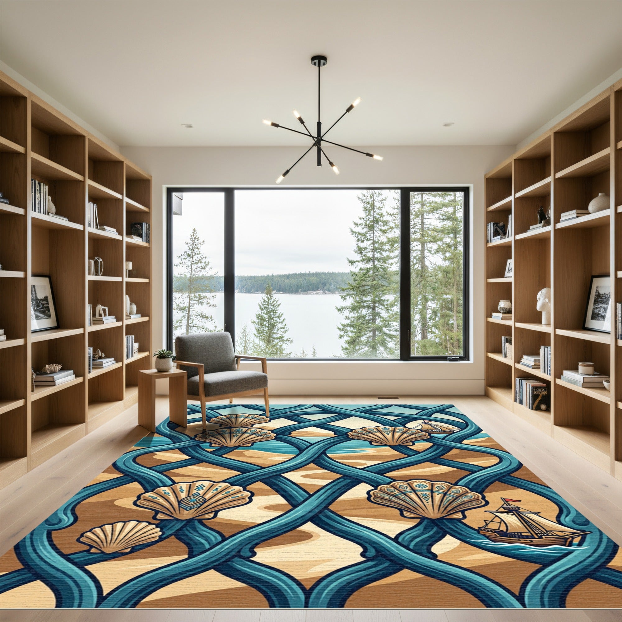 Seashell Coastal Blue Intertwined Wave Art Rug
