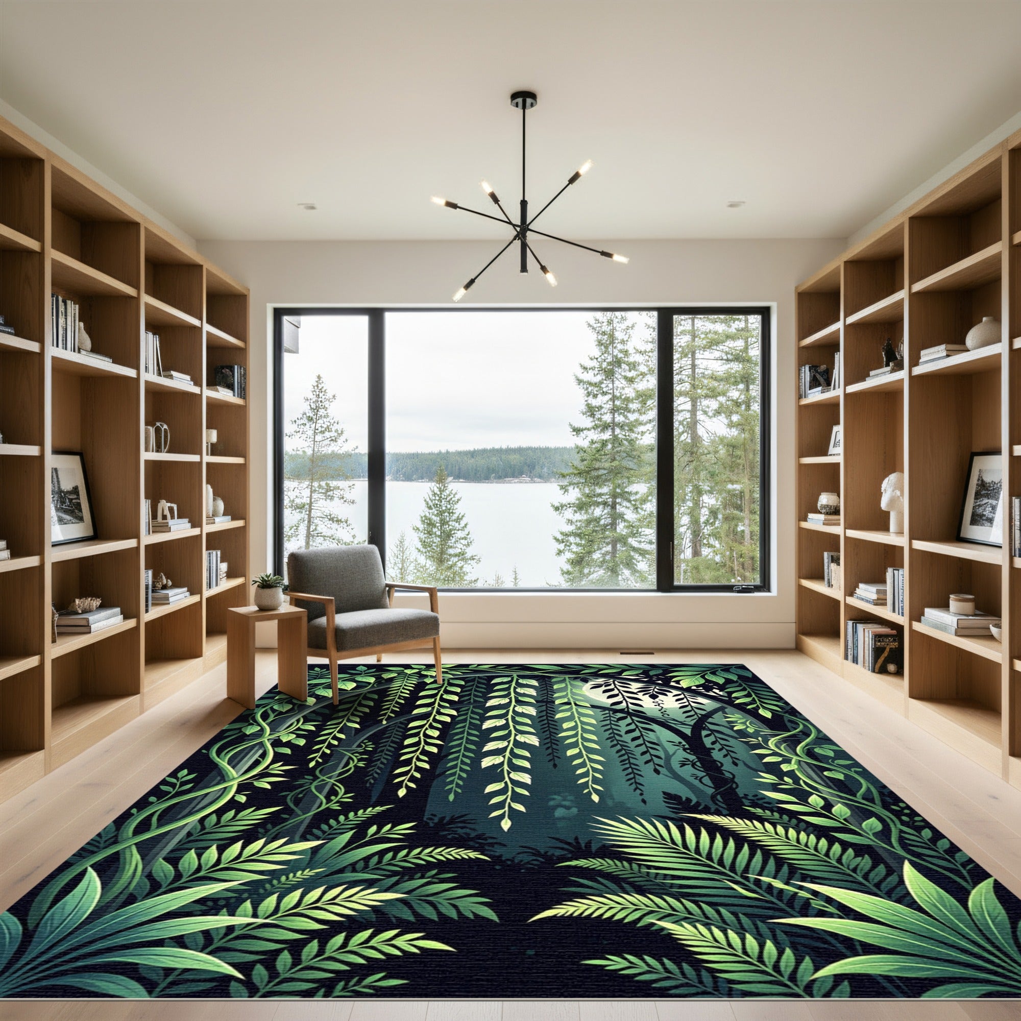 Lush Emerald Moonlit Forest Foliage Rug