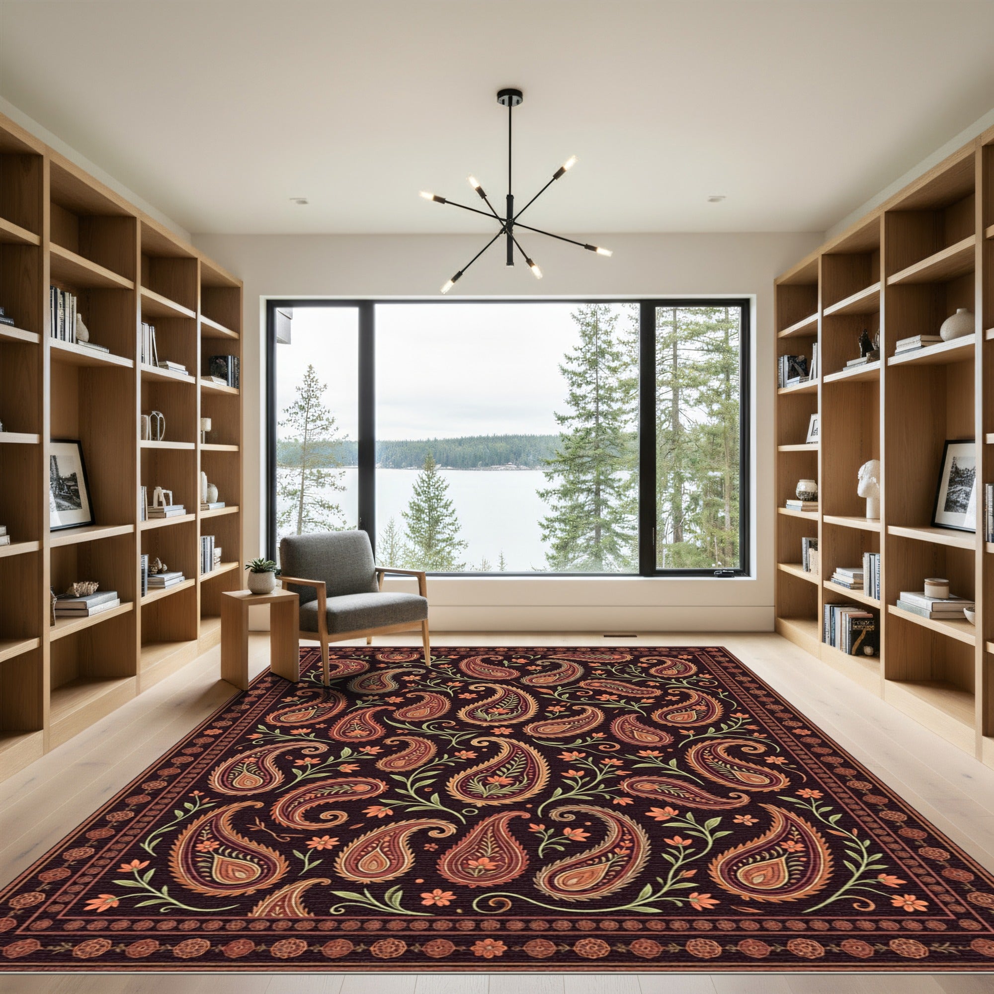 Ornate Maroon Paisley Floral Tapestry Rug